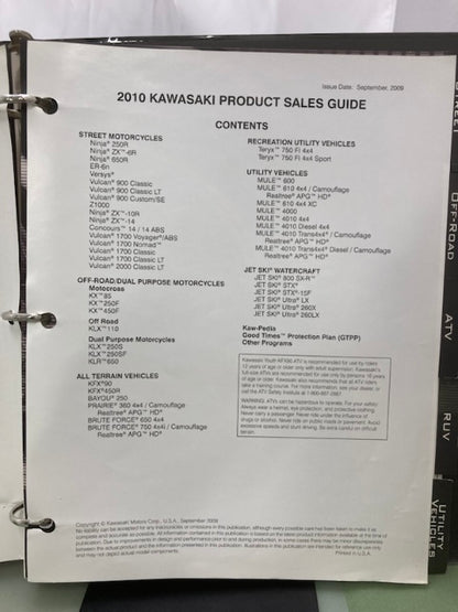 Kawasaki Product Sales Guide Binder w/ Spec Sheets 2010 Genuine