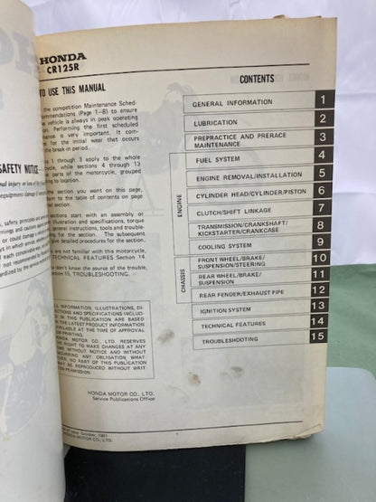 Honda 61KA300 CR125R '82 Shop Manual Genuine