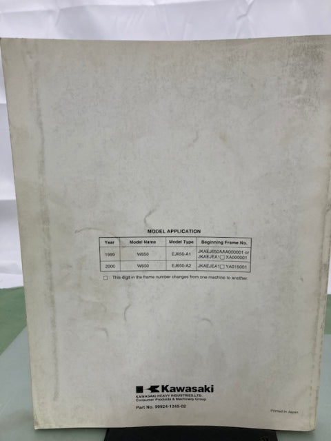 Kawasaki 99924-1245-02 W650 Service Manual 1999, 2000 Genuine
