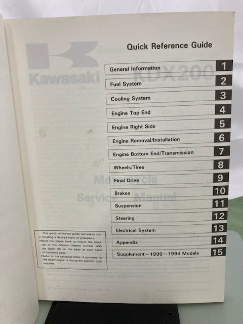 Kawasaki 99924-1114-02 KDX200 Service Manual 1988, 1994 Genuine