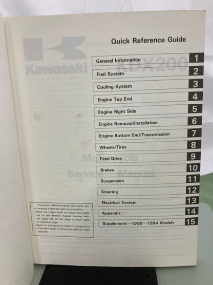 Kawasaki 99924-1114-02 KDX200 Service Manual 1988, 1994 Genuine
