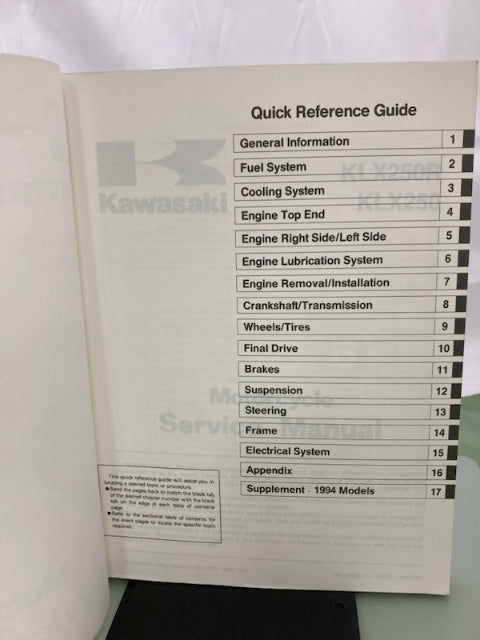 Kawasaki 99924-1165-03 KLX250R Service Manual 1993, 1994, 1996 Genuine