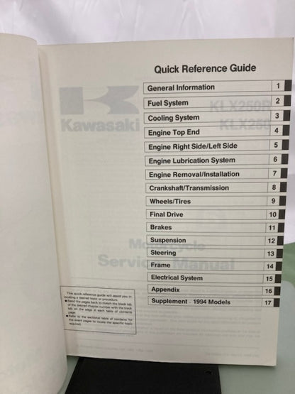 Kawasaki 99924-1165-03 KLX250R Service Manual 1993, 1994, 1996 Genuine