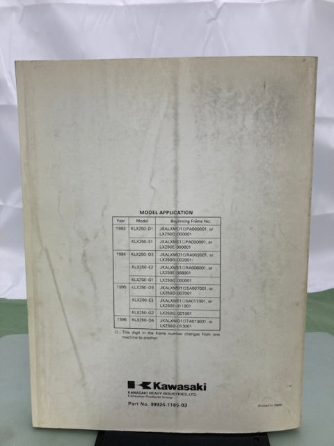 Kawasaki 99924-1165-03 KLX250R Service Manual 1993, 1994, 1996 Genuine