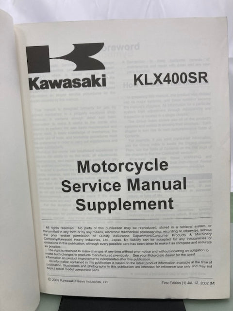 Kawasaki 99924-1300-01 KLX400SR Service Manual 2002 Genuine
