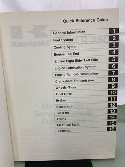 Kawasaki 99924-1051-07 KLR250 Serv Man Supp '84, '87, '89, '91, '93, '95 Genuine