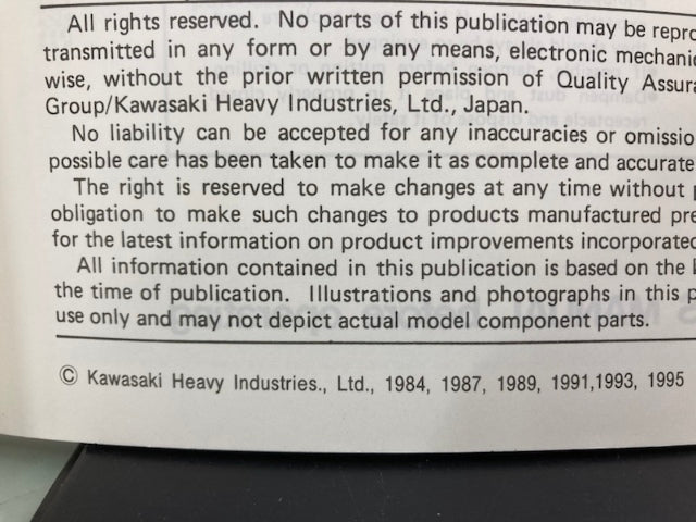 Kawasaki 99924-1051-07 KLR250 Serv Man Supp '84, '87, '89, '91, '93, '95 Genuine