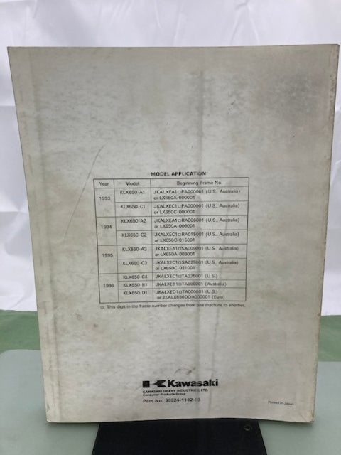 Kawasaki 99924-1162-03 KLX650 KLX650R Service Manual 1993-1995 Genuine