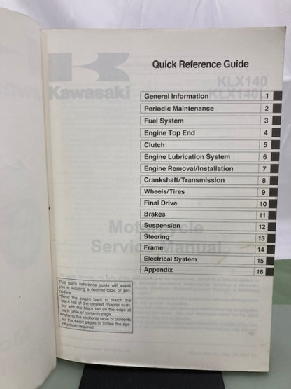 Kawasaki 99924-1390-01 KLX140 KLX140L Service Manual 2007 Genuine