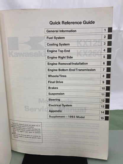 Kawasaki 99924-1153-02 KX125 KX250 Service Manual '91, '93 Genuine