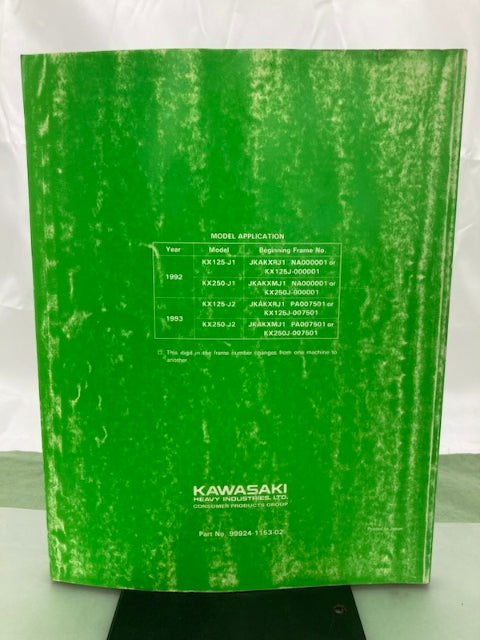 Kawasaki 99924-1153-02 KX125 KX250 Service Manual '91, '93 Genuine