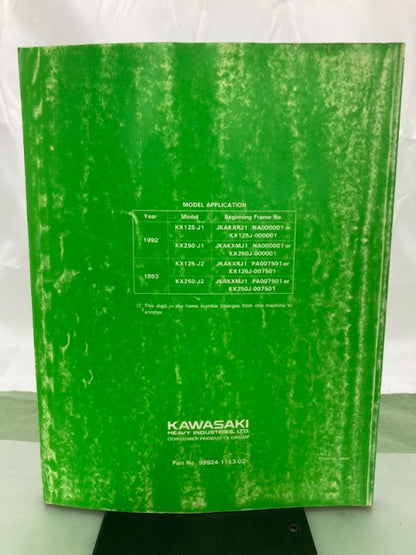 Kawasaki 99924-1153-02 KX125 KX250 Service Manual '91, '93 Genuine