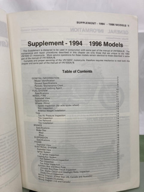 Kawasaki 99924-1170-52 Vulcan 1500L VN-15 Service Manual Supp '93, '96 Genuine