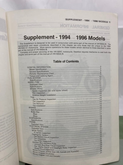 Kawasaki 99924-1170-52 Vulcan 1500L VN-15 Service Manual Supp '93, '96 Genuine