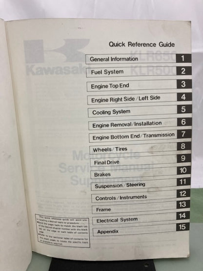 Kawasaki 99924-1080-55 KLR650 500 Serv Man Supp '86, '89, '91, '93, '94 Genuine