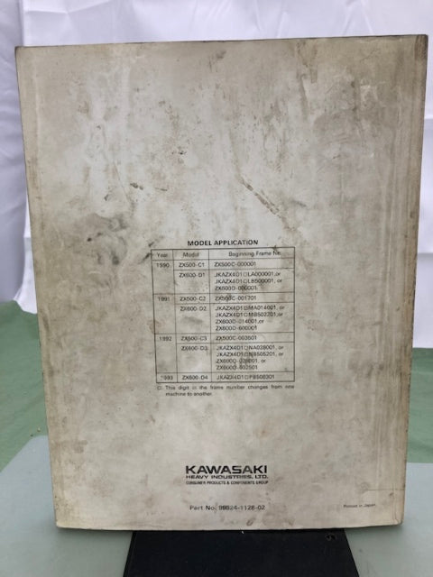 Kawasaki 99924-1128-02 Ninja ZX-6 ZZ-R600 ZZ-R500 Service Manual '90-'92 Genuine