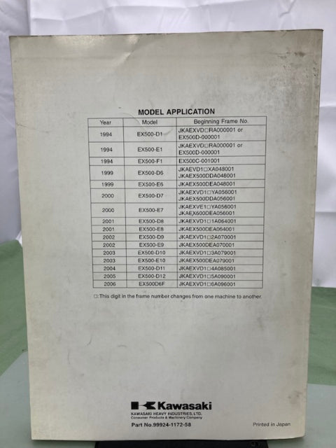 Kawasaki 99924-1172-58 Ninja 500 GPZ 500S Service Manual Supplement '93 Genuine