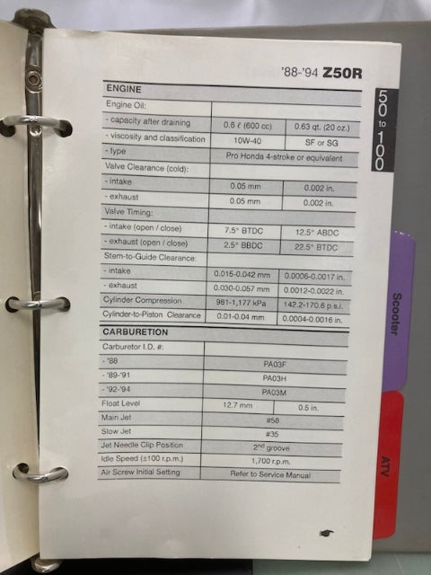 Honda MMM 5101 (9006) Motorcycle Scooter ATV Spec Manual 1988-1994 Genuine