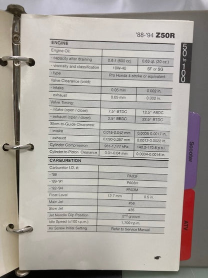 Honda MMM 5101 (9006) Motorcycle Scooter ATV Spec Manual 1988-1994 Genuine
