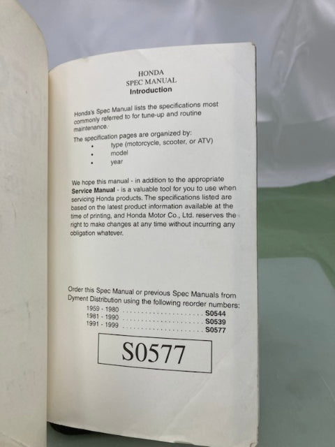 Honda MMM 9607 (0203) Motorcycle Scooter ATV Spec Manual 1991-1999 Genuine