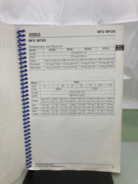 Honda 34009904 Marine Engine Specs Manual 1999 Genuine