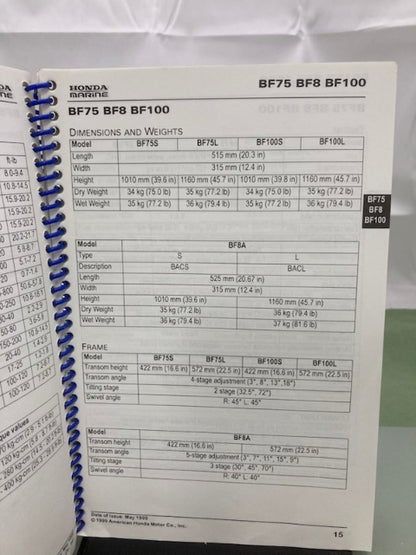Honda 34009904 Marine Engine Specs Manual 1999 Genuine