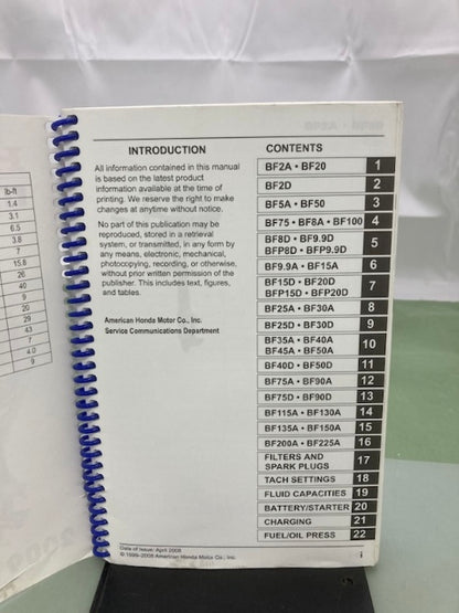 Honda PSV53062F Marine Engine Specs Manual 2009 Genuine