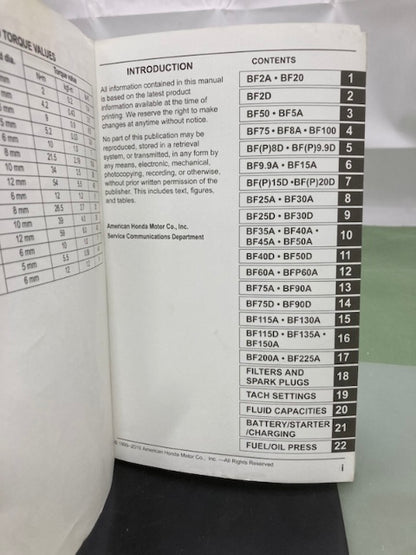 Honda PSV53062H Marine Engine Specs Manual 2011 Genuine