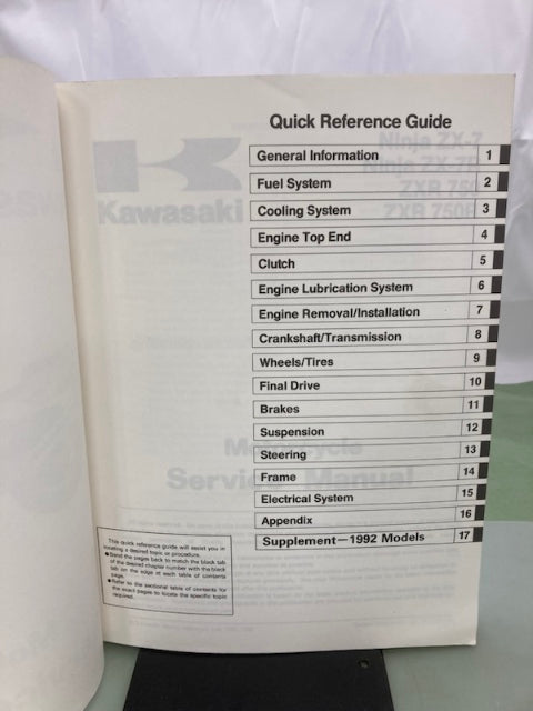 Kawasaki 99924-1139-02 Ninja ZX-7 ZXR750 Service Manual 1991, 1992 Genuine