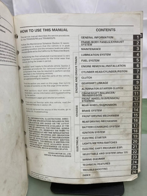 Honda 61HN006 TRX450S/FM TRX450ES/FE Fourtrax Service Manual '98-'04 Genuine