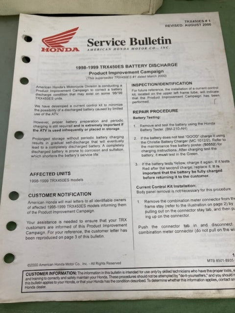 Honda 61HN006 TRX450S/FM TRX450ES/FE Fourtrax Service Manual '98-'04 Genuine