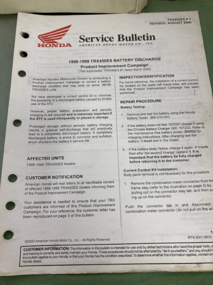 Honda 61HN006 TRX450S/FM TRX450ES/FE Fourtrax Service Manual '98-'04 Genuine