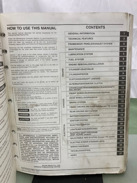 Honda 61HP003 TRX500 FE/FPE/FM/FPM/TM Fourtrax Service Manual '05-'11 Genuine