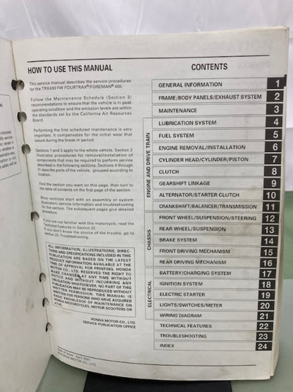 Honda 61HM708 TRX400FW Fourtrax Foreman 400 Service Manual '95-'03 Genuine