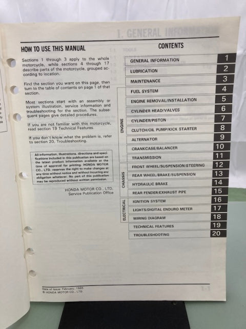 Honda 61KN500 XR350R Shop Manual 1985 Genuine