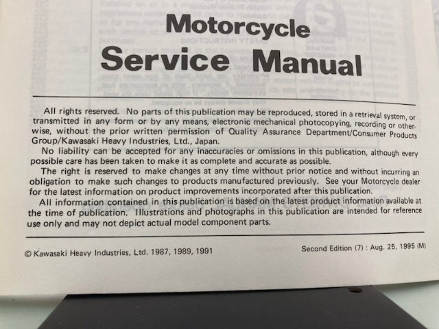 Kawasaki 99924-1098-02 NinjaZX-10 Service Manual 1991 Genuine