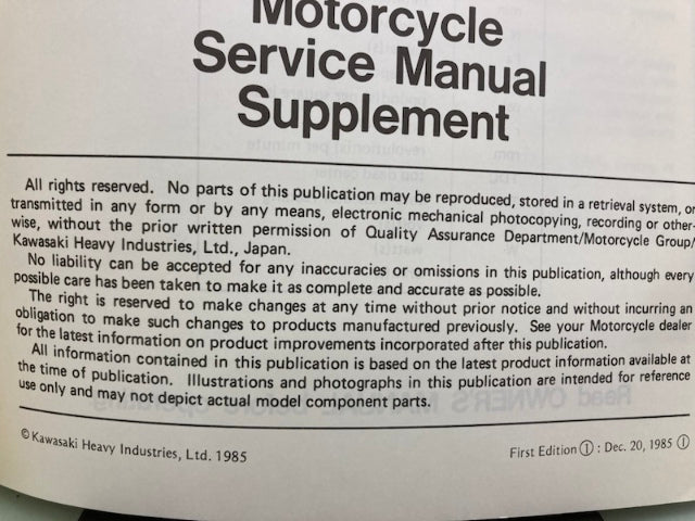 Kawasaki 99924-1073-51 ZL600 ZL500 Service Manual Supplement 1985 Genuine