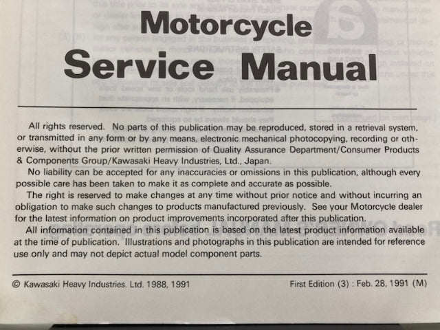 Kawasaki 99924-1112-01 Ninja ZX-7 ZXR 750 Service Manual 1991 Genuine