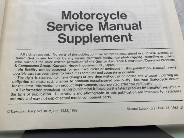 Kawasaki 99924-1062-52 GPZ1000RX Service Manual Supplement 1988 Genuine