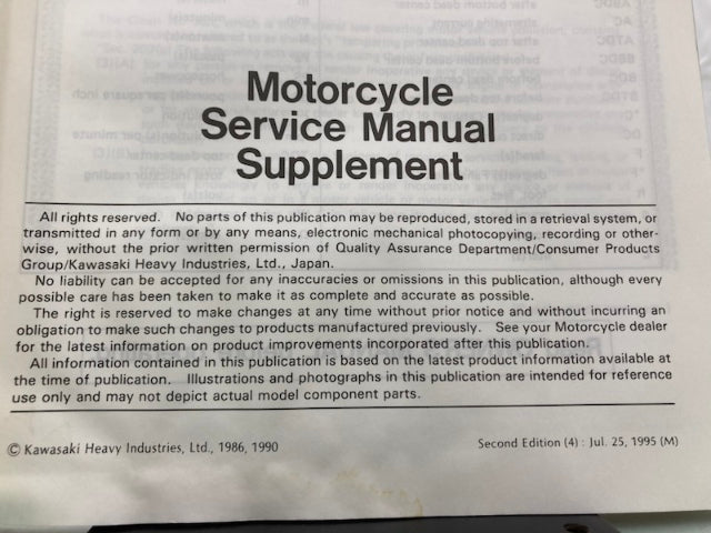 Kawasaki 99924-1077-52 ZL900 ZL1000 Service Manual Supplement 1990 Genuine