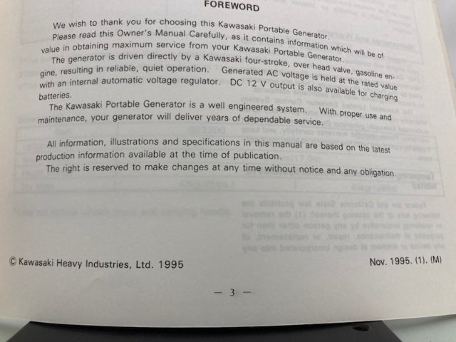 Kawasaki 99920-2125-02 GE2200 GE2900 GE4300 GE5000 Owner's Manual 1995 Genuine