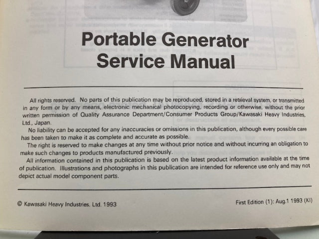 Kawasaki 99924-2040-01 GE4300 GE5000 Generator Service Manual 1993 Genuine