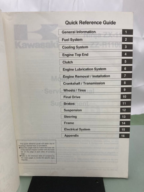Kawasaki 99924-1127-54 Ninja ZX-11 ZZ-R1100 Service Manual Supplement 92 Genuine
