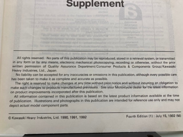 Kawasaki 99924-1127-54 Ninja ZX-11 ZZ-R1100 Service Manual Supplement 92 Genuine