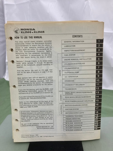Honda 6142805 XL250S XL250R Shop Manual '78-'83 Genuine