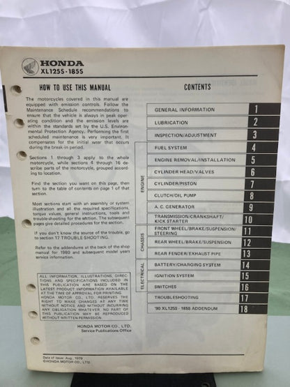 Honda 6143701 XL125S XL185S Shop Manual '79-'80 Genuine