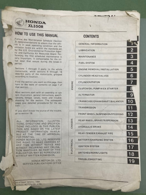 Honda 61KL300 XL350R Shop Manual '84 Genuine