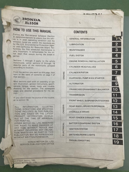 Honda 61KL300 XL350R Shop Manual '84 Genuine