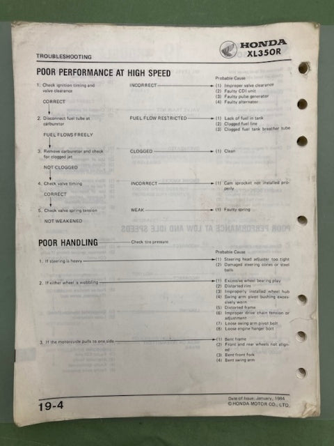 Honda 61KL300 XL350R Shop Manual '84 Genuine