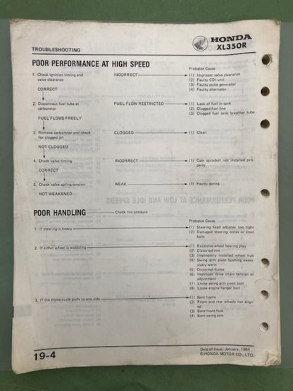 Honda 61KL300 XL350R Shop Manual '84 Genuine